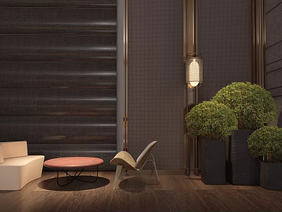 Modern Hotel Public Lounge Area With Sofa Chair Round Table Green Plants And Decorative Wall 3d model