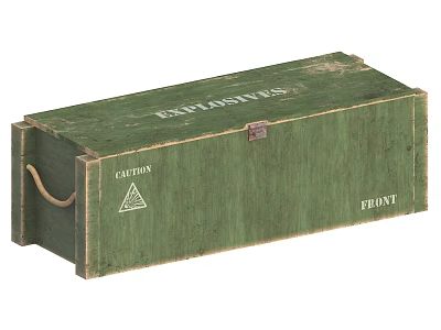 Green Vintage Wooden Explosives Box with Caution Sign Front Label Side Handle and Warning Triangle 3d model