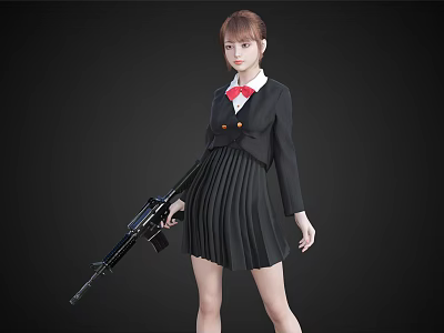 Woman in Black Uniform with Red Bow Tie and Pleated Skirt Holding Rifle 3d model