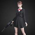 Woman in Black Uniform with Red Bow Tie and Pleated Skirt Holding Rifle