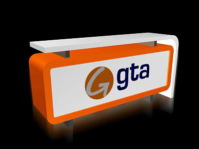 Orange and White Reception Desk Featuring GTA Logo with Orange G and Blue Ta 3d model