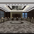 Elegant Front Desk Reception Area With Symmetrical Sofas Circular Carpet And Wooden Decor 3d model