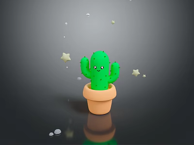Adorable Green Cactus in Terracotta Pot with Star Decorations on Dark Background 3d model