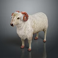 White Wool Sheep With Red Curved Horns Standing On Dark Background 3d model