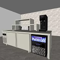 Modern Commercial Kitchen Workstation Featuring Stainless Steel Counter Water Dispenser And Freezer Unit