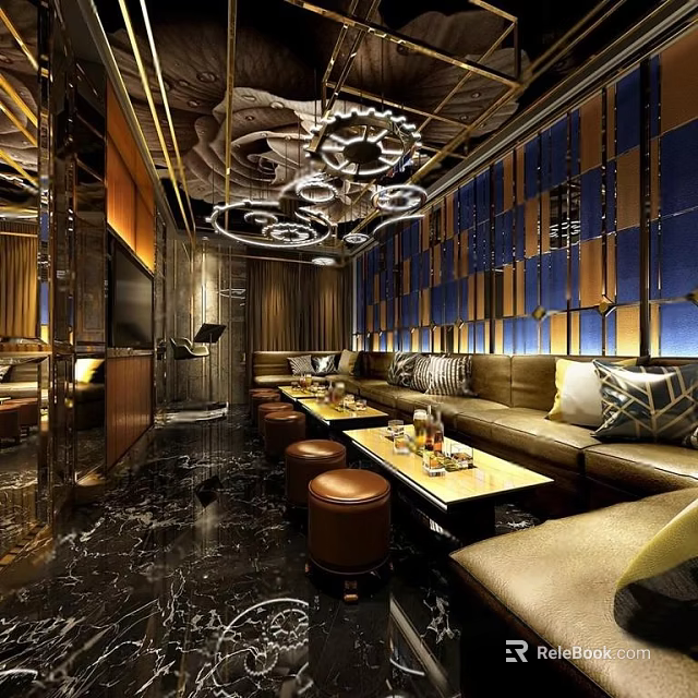 Luxurious KTV Interior With Leather Sofas Marble Coffee Tables Ornate Chandeliers Blue Gold Walls 3d model 