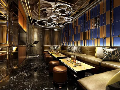 Luxurious KTV Interior With Leather Sofas Marble Coffee Tables Ornate Chandeliers Blue Gold Walls 3d model