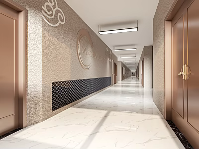 Elevator Corridor With Brass Doors Marble Floor Modern Wall Decor And Lighting 3d model
