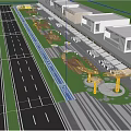 Modern Commercial Landscape With Pedestrian Plaza Trees Yellow Columns And Roadside Greenery