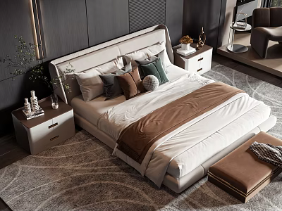 Modern Double Bed Interior With Soft Pillows Cozy Blanket Bedside Tables And Bench 3d model