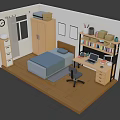 Cartoon Style Bedroom Study Interior Scene Featuring Bed Desk Bookshelf Laptop And Window