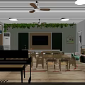 Kindergarten Classroom Interior With Wooden Tables Chairs Piano Green Plants And Toys