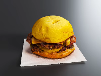 Juicy Burger With Yellow Bun Beef Patty Cheese And Vegetables On White Paper Towel 3d model