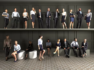 Group of Business Professionals Standing and Sitting in Professional Attire Against Dark Wall and Floor 3d model