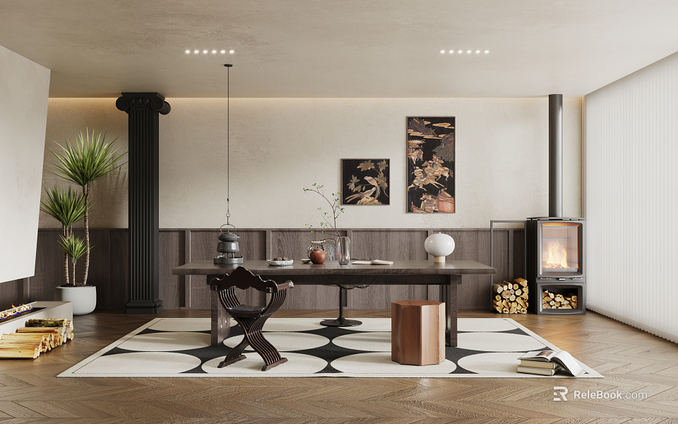 Traditional Tea Room Interior With Wooden Table Tea Set Decorative Paintings And Fireplace 3d model 