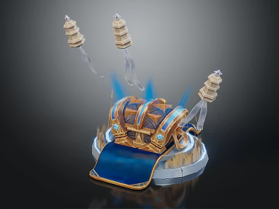 Ornate Treasure Chest With Pagoda Decorations Flames And Blue Cloth On Pedestal 3d model