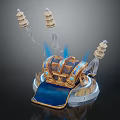 Ornate Treasure Chest With Pagoda Decorations Flames And Blue Cloth On Pedestal