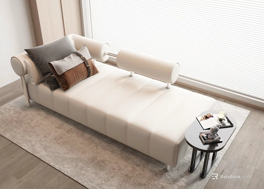 Modern White Chaise Lounge With Decorative Pillows And Side Table Near Window 3d model 