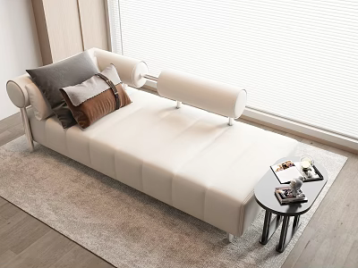 Modern White Chaise Lounge With Decorative Pillows And Side Table Near Window 3d model