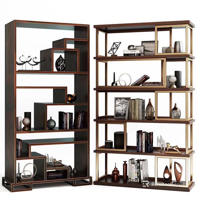 Modern Bookcase With Layered Shelves Books Vases And Decorative Sculptures 3d model 