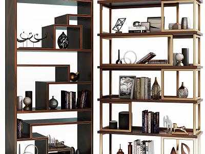 Modern Bookcase With Layered Shelves Books Vases And Decorative Sculptures 3d model