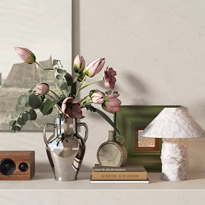 Decorative Ornament Combination With Pink Tulip Vase Green Frame Table Lamp Radio And Books 3d model