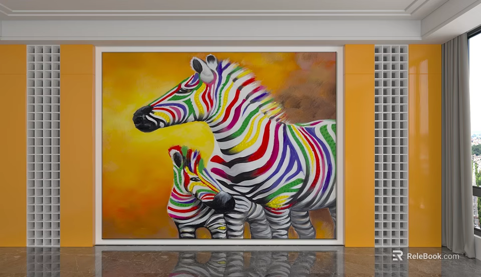 Vibrant Backdrop Wall Art With Colorful Zebras Family On Yellow Background 3d model 