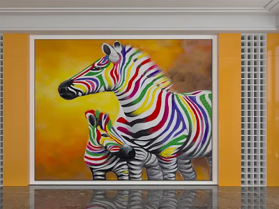 Vibrant Backdrop Wall Art With Colorful Zebras Family On Yellow Background 3d model