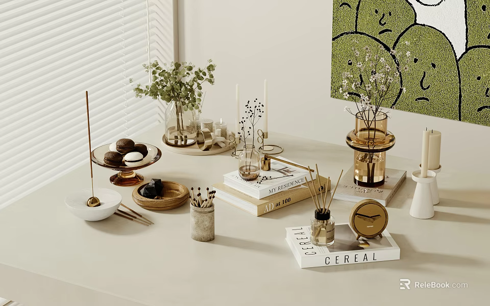 Elegant Decorative Ornament Set With Green Plants Candles Vases Trays Diffusers Books And Clock 3d model 