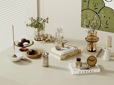 Elegant Decorative Ornament Set With Green Plants Candles Vases Trays Diffusers Books And Clock 3d model