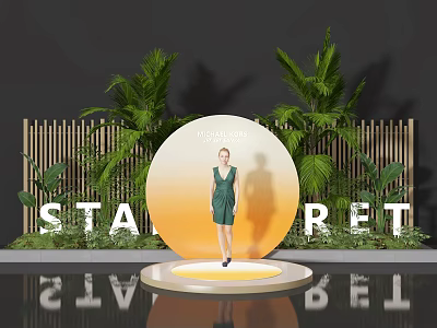 Luxury Floral Installation With Circular Platform Palm Leaves Bamboo Fence And Greenery 3d model
