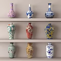 Ceramic Vases With Various Colors And Intricate Patterns Displayed On Shelves 3d model