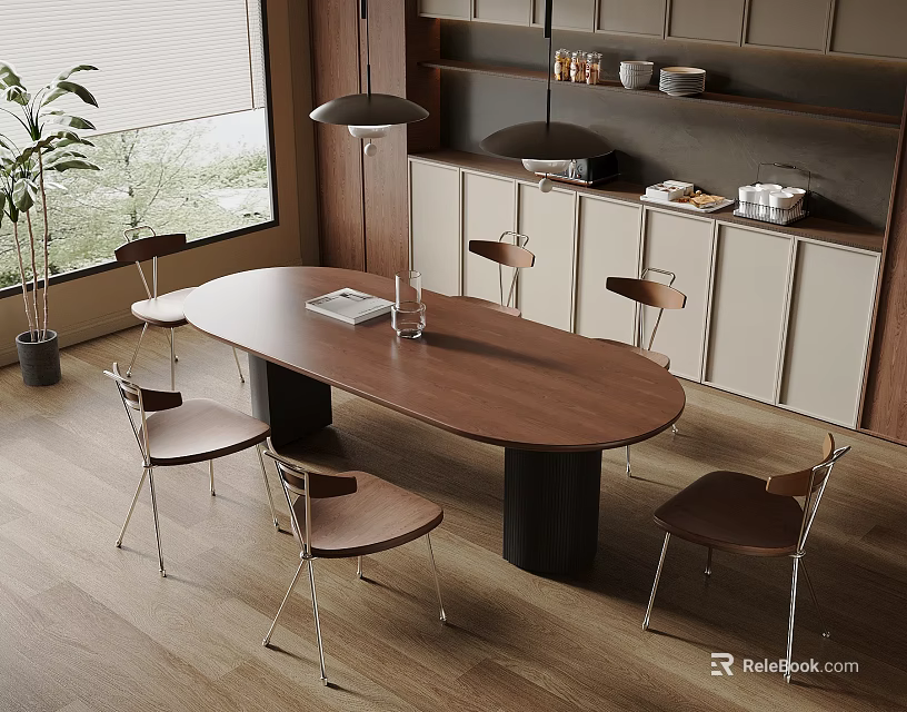 Modern Restaurant Dining Area With Oval Wooden Table Metal Leg Chairs And Open Shelves 3d model 