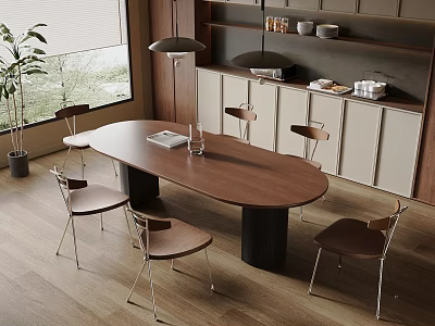 Modern Restaurant Dining Area With Oval Wooden Table Metal Leg Chairs And Open Shelves 3d model