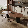Modern Restaurant Dining Area With Oval Wooden Table Metal Leg Chairs And Open Shelves