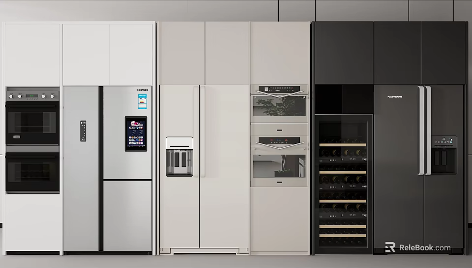 Modern Built In Refrigerators And Freezers In Contemporary Kitchen With Cabinets And Appliances 3d model 
