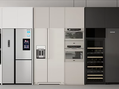 Modern Built In Refrigerators And Freezers In Contemporary Kitchen With Cabinets And Appliances 3d model