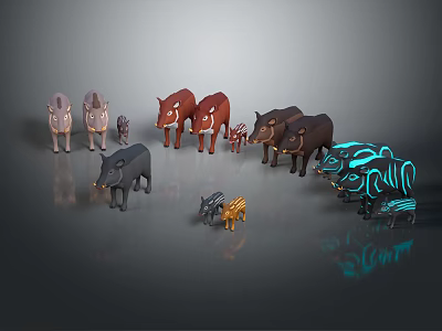Collection Of Character And Creature Models With Brown Black And Blue Glowing Patterns 3d model
