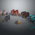 Collection Of Character And Creature Models With Brown Black And Blue Glowing Patterns