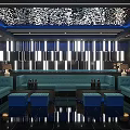 Modern KTV Lounge Interior With Blue Sofas Black Flooring And Decorative Ceiling Lights 3d model