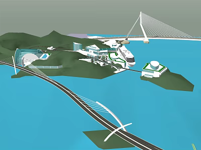 Modern Cable Stayed Bridge Spanning Blue Water With Green Hills And Architectural Structures 3d model