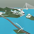 Modern Cable Stayed Bridge Spanning Blue Water With Green Hills And Architectural Structures