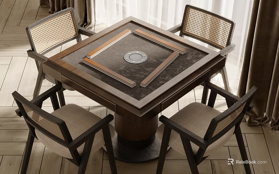 Square Wooden Entertainment Table With Round Game Area And Rattan Back Chairs 3d model 