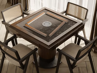 Square Wooden Entertainment Table With Round Game Area And Rattan Back Chairs 3d model