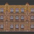 Traditional Brick Building Three Story Structure With Red Window Frames And Ornate Red Roof Cornices
