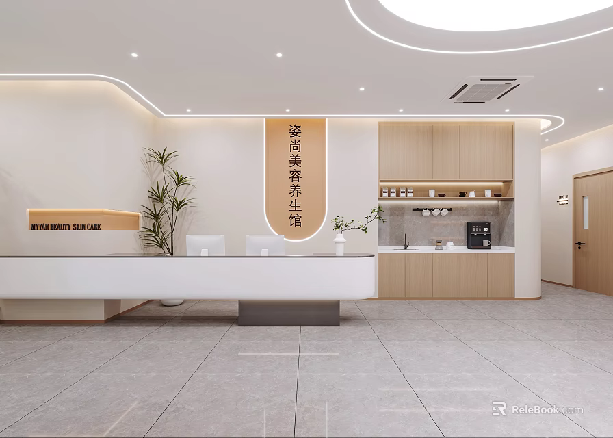 Modern Beauty and Hair Salon Interior Design with Reception Desk Wooden Cabinets and Green Plants 3d model 