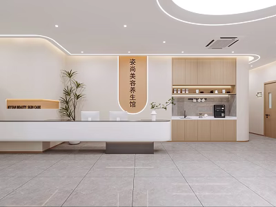 Modern Beauty and Hair Salon Interior Design with Reception Desk Wooden Cabinets and Green Plants 3d model