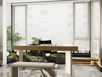 Serene Tea Room Interior Design With Wooden Table Bench Blinds And Green Plants 3d model