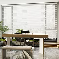 Serene Tea Room Interior Design With Wooden Table Bench Blinds And Green Plants