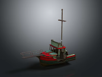 Vintage Style Boat Model With Red Green Hull Tall Mast And Small Cabin 3d model